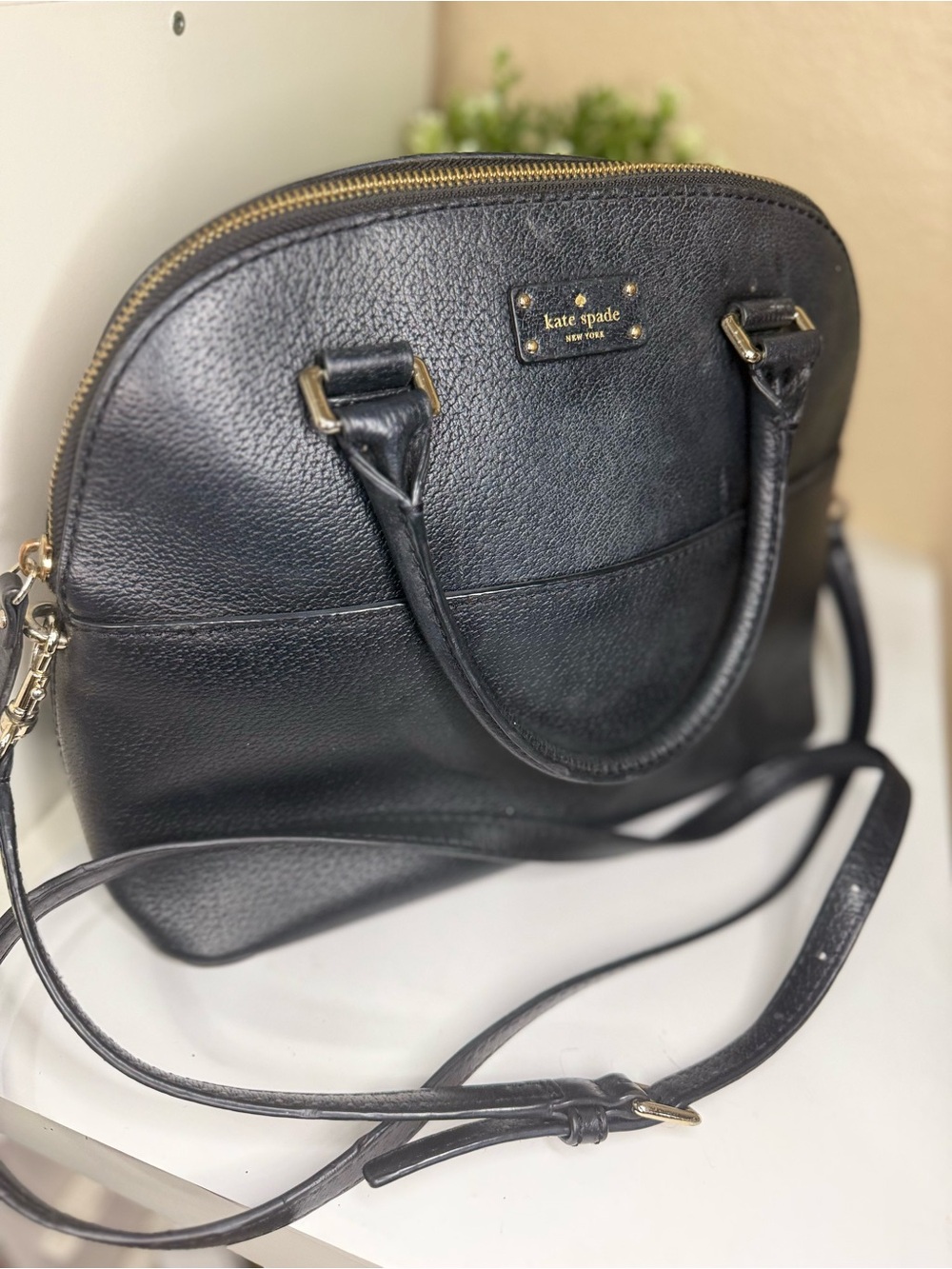 kate spade Black Pebbled Leather Dome Satchel with Crossbody Strap